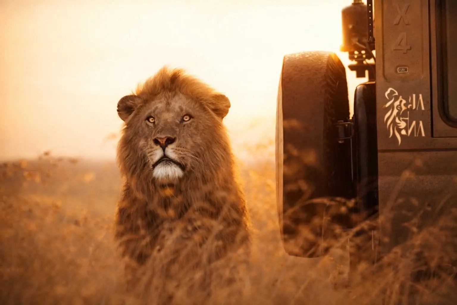 Lion at sunrise beside vehicle